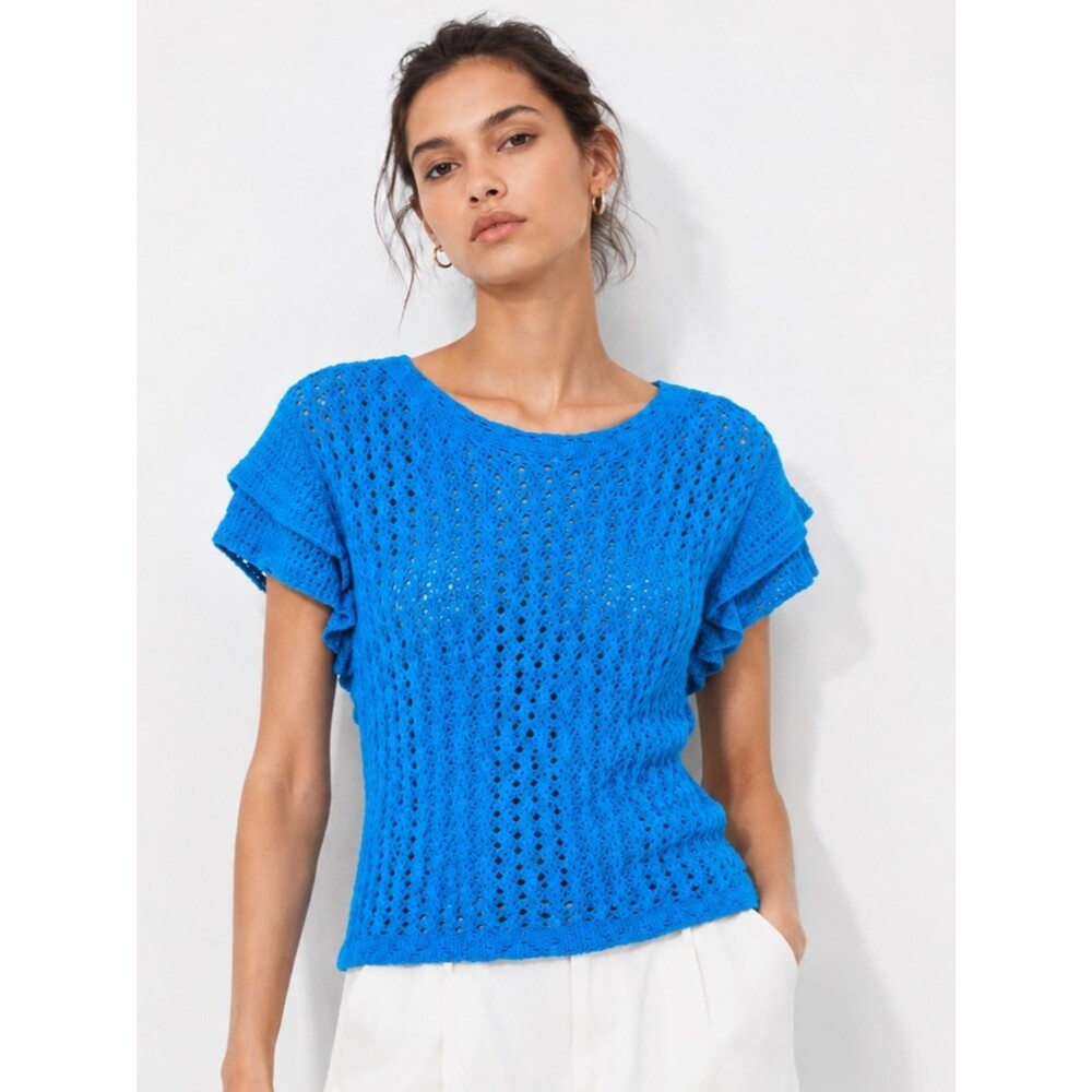 Skies Are Blue Womens Crochet Sweater Top Large Ruffle Boho Coastal Resort